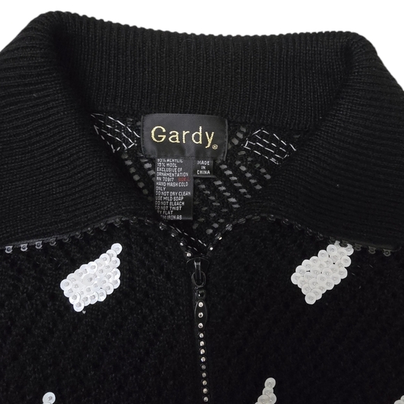 Women's Gardy Cardigan Knit Sweater Black Knit White Sequins Rhinestone Zipper L - Picture 3 of 13